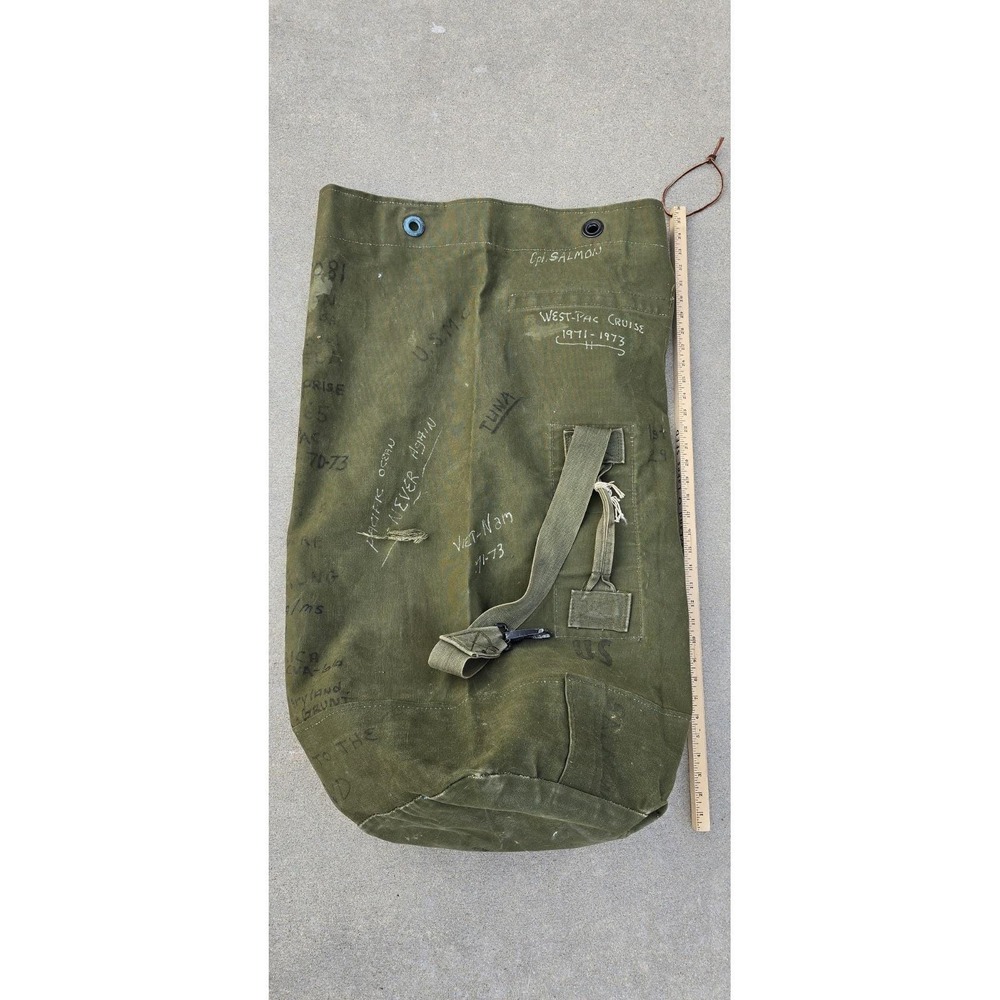 VTG Vietnam War USMC Type I Canvas Duffel Bag Trench Art Sea Bag USS Enterprise